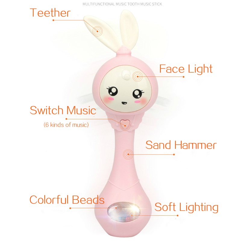 Baby Music Flashing Teether Rattle Toys Cute Rabbit Hand Bells Mobile Infant Pacifier Weep Tear Newborn Early Educational Toys